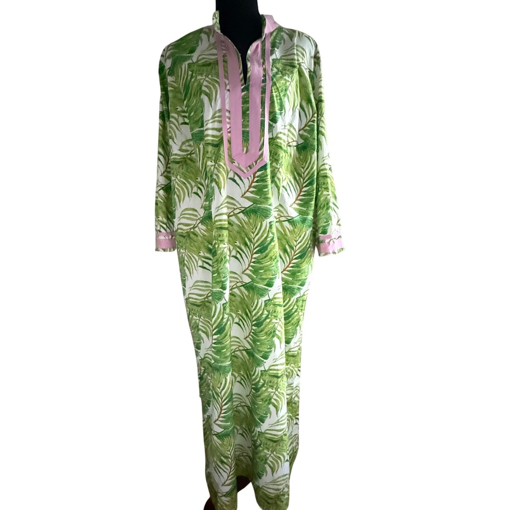 Nicoblu Ashley Palm Print Maxi Dress | Green Palm Leaf Resort Caftan | PIX